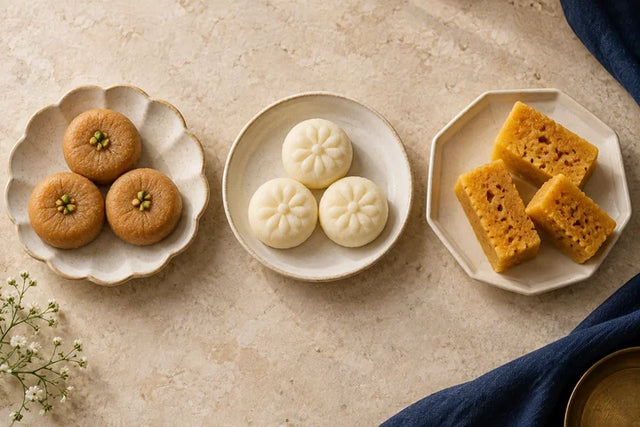 Three dishes of peda, floral sandesh and golden Mysore pak.
