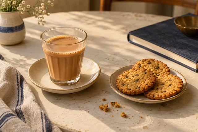 A glass of chai beside a plate of crisp savoury snacks.