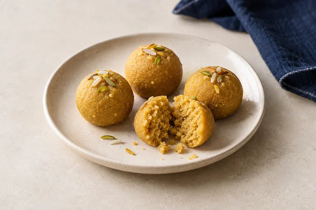 Golden besan laddoo on a plate, with one broken to show the centre.