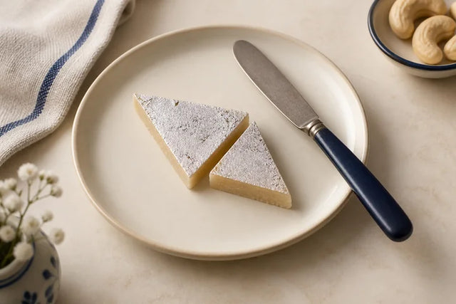 Two triangular pieces of kaju katli beside a small knife.