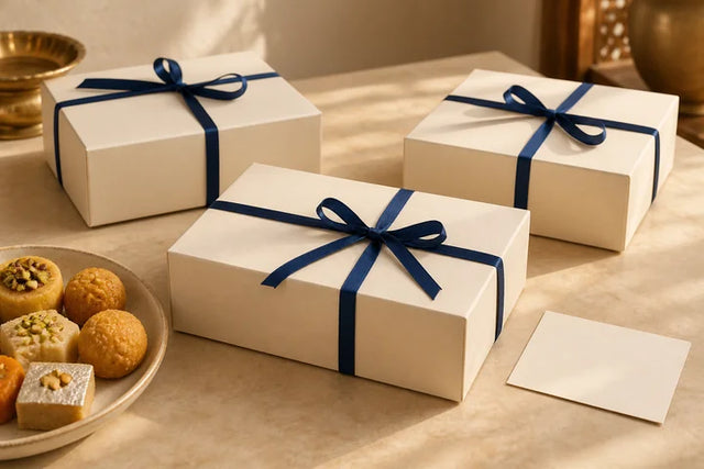 Three ivory gift boxes tied with navy ribbons beside a blank card