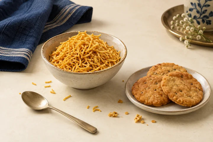 A bowl of sev beside a plate of mathri on a cream table.