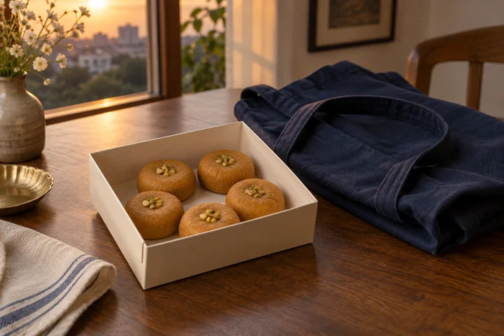 An open box of peda beside a navy cloth bag in evening light.