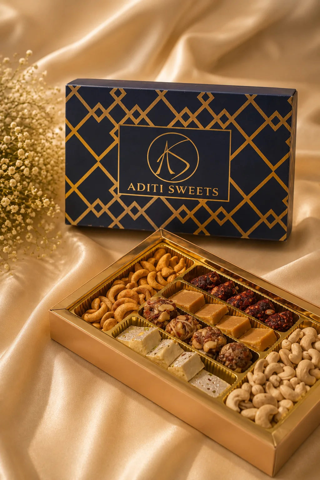 W01 navy and gold lattice wedding box with assorted mithai and nuts