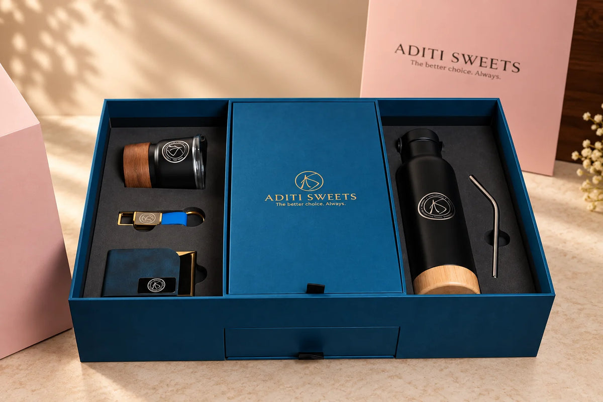 Open blue Aditi Sweets corporate gift box with drinkware and accessories.