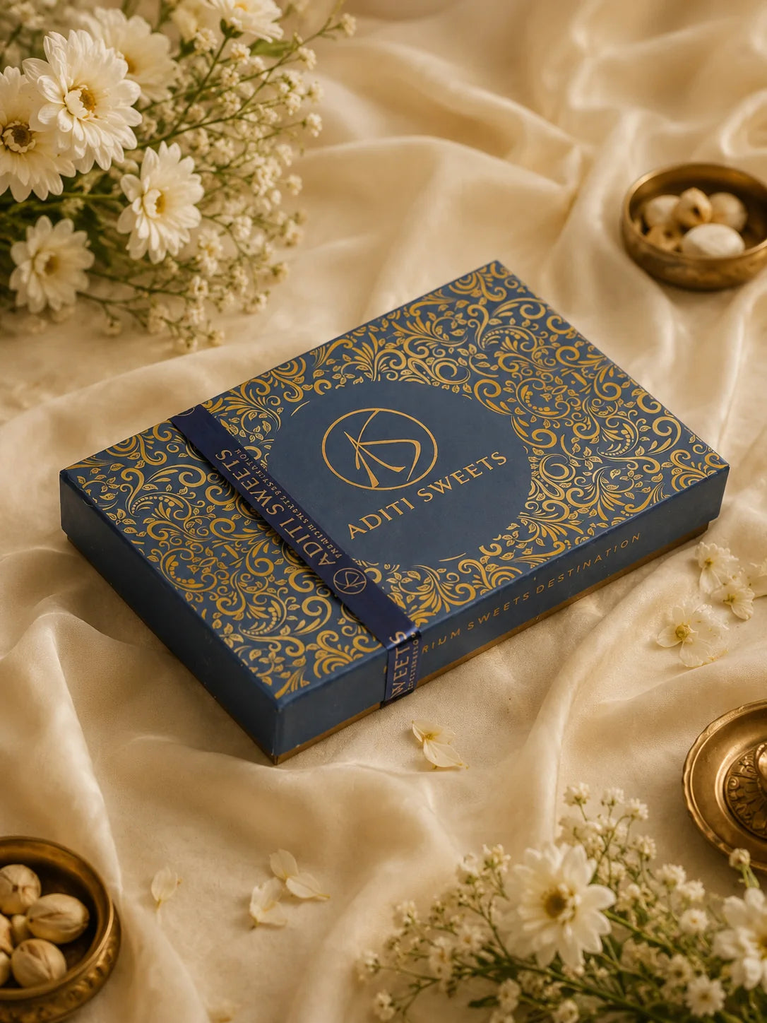 W02 navy scrollwork wedding box, closed