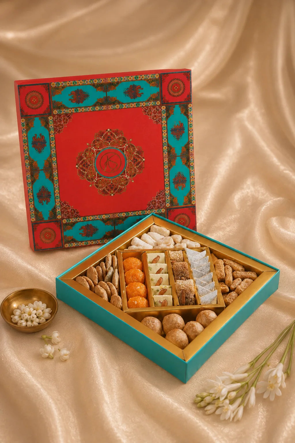 W03 red and teal wedding box, open