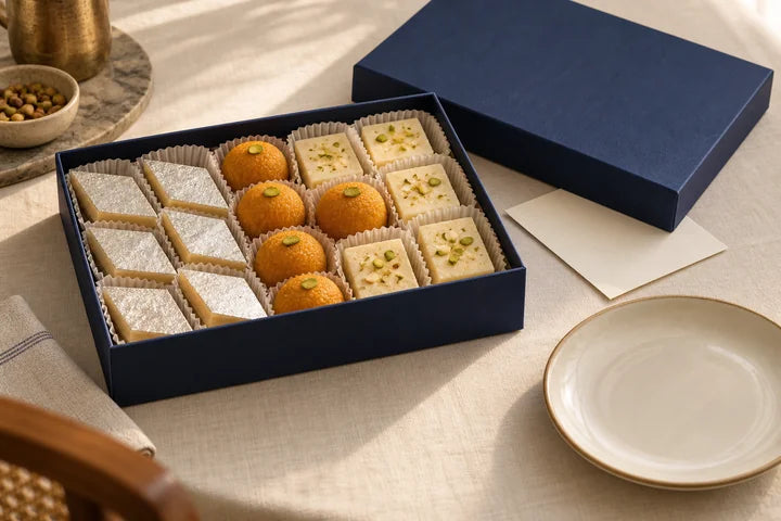 An open navy box of assorted mithai beside a blank card and plate.