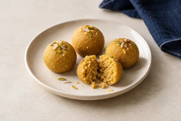 Golden besan laddoo on a plate, with one broken to show the centre.