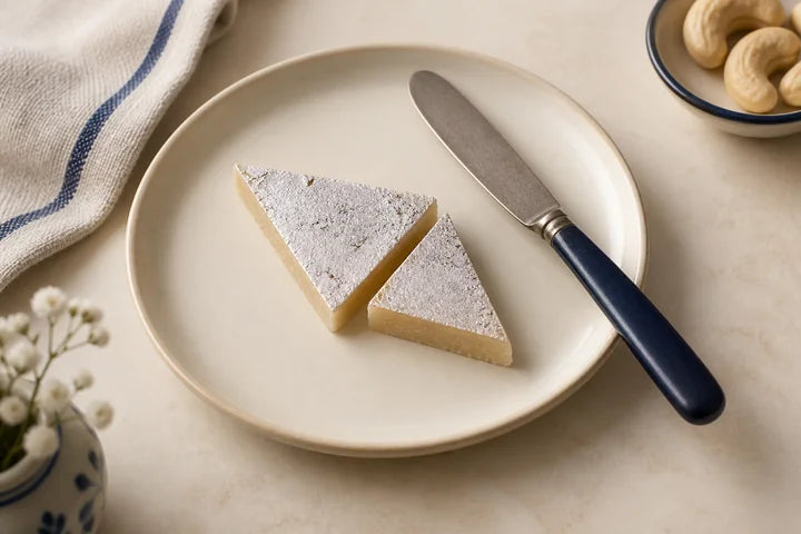 Two triangular pieces of kaju katli beside a small knife.