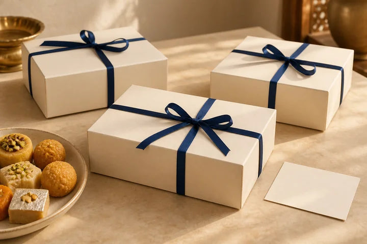 Three ivory gift boxes tied with navy ribbons beside a blank card