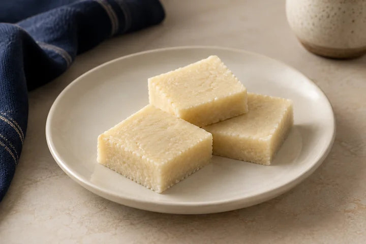 Three ungarnished pieces of milk barfi on an ivory plate.