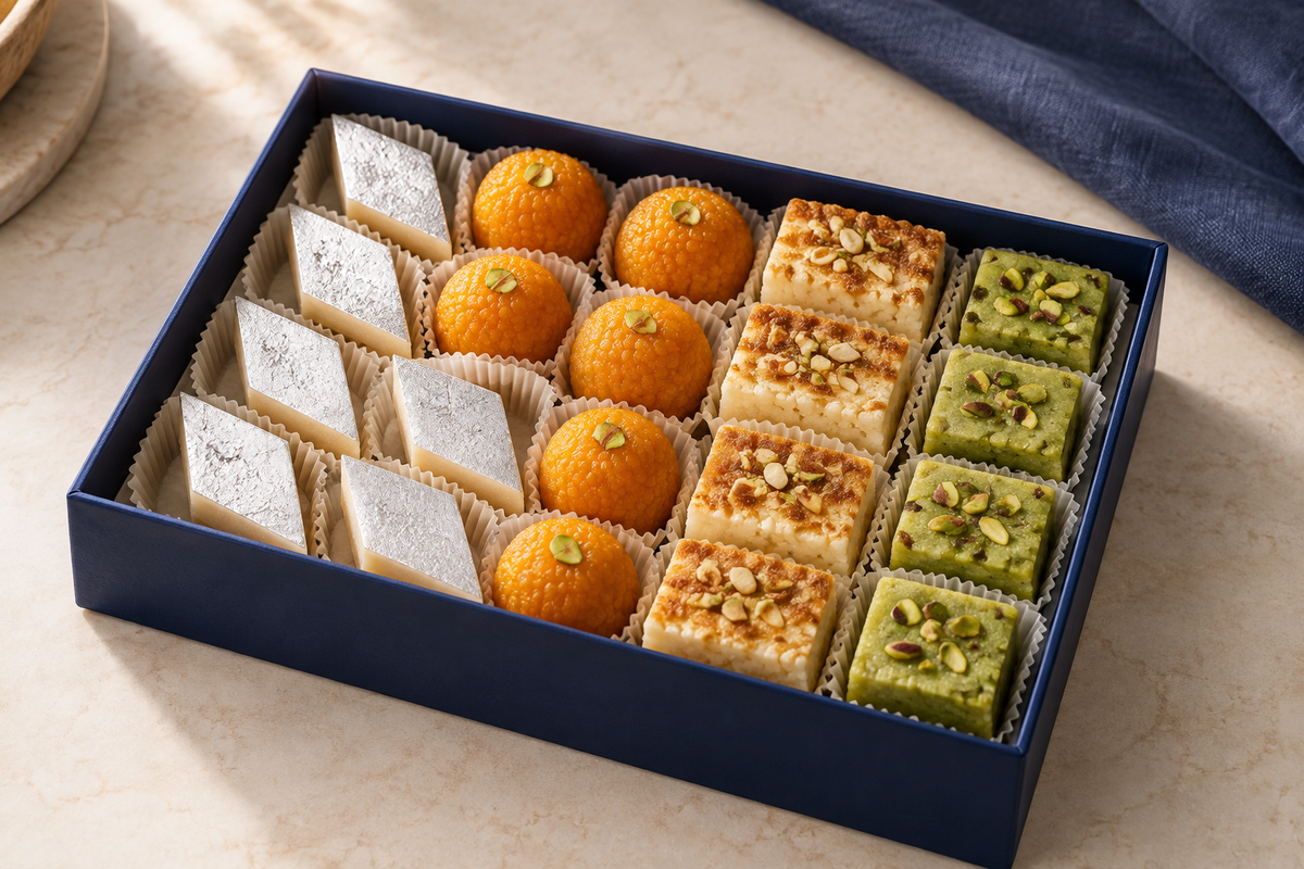 Illustrative open navy box with an assortment of Indian mithai.